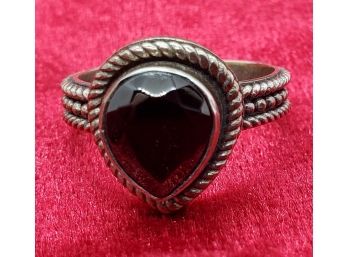 Large Vintage Size 10 Sterling Silver Ring With An Teardrop Black Tourmaline ~ 6.55 Grams.