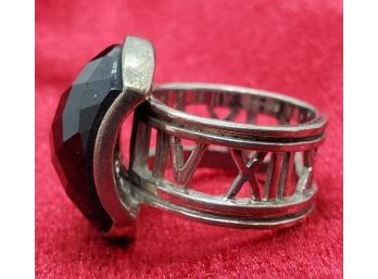 Vintage Size 6 1/2 Sterling Silver Ring With A Huge Tourmaline And Roman Numerals ~ 12.67 Grams