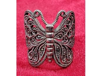 Size 9 Sterling Silver Large Reticulated Butterfly Ring With Marcasite Stones ~ 7/8'