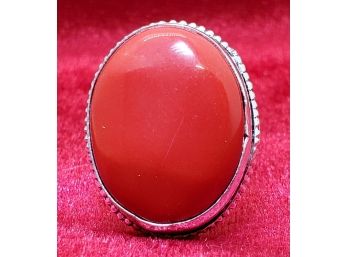 Size 9 Sterling Silver Plate With A Huge Red Coral ~ 1' X 3/4'