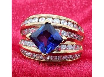 Vintage Size 5 Gold Plated Over Sterling Silver With A Blue Topaz Surrounded By CZ's