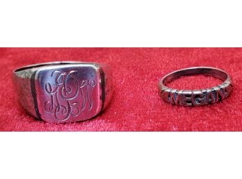 Lot Of 2 Sterling Silver Monogrammed Rings ~ MEGAN' Size 4 ~ GWP Size 7 1/2 ~ 9.75 Grams
