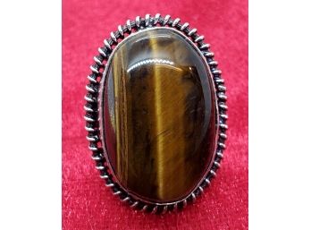 Size 8 Sterling Silver Plate Ring With A Nice Large Tiger Eye Measuring 1' X 5/8'