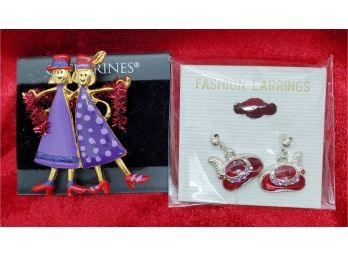 'RED HATTER'S' Earrings And Brooch