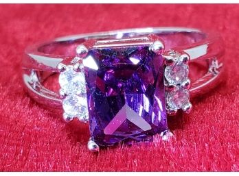 Size 7 1/2 Silver Plated Statement Ring With A Faux Amethyst And CZ's