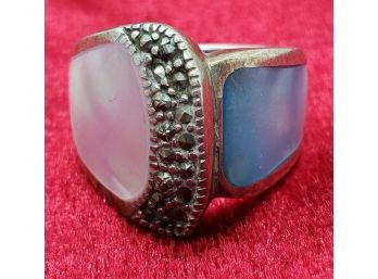 Large Vintage Size 7 Sterling Silver Ring With A Pink And Blue Abalone Shell ~ 10.8 Grams