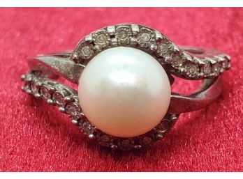 Size 6 Sterling Silver Ring With A Faux Pearl And CZ's