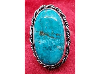 Size 8 Sterling Silver Plate With An Impressive Large Natural Turquoise ~ 1' X 9/16'