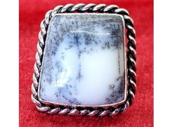Size 8 Sterling Silver Plate Ring With A Large Dendrite Opal ~ 5/8' X 5/8'