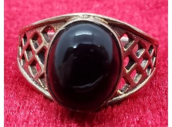 Vintage Size 6 Sterling Silver Reticulated Ring With A Black Tourmaline