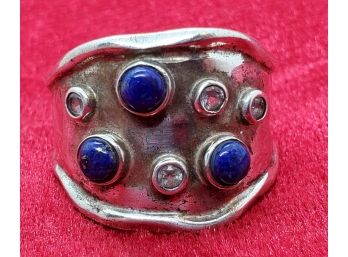 Large And Heavy Size 12 Sterling Silver Ring With Topaz And Lapis Lazuli Stones