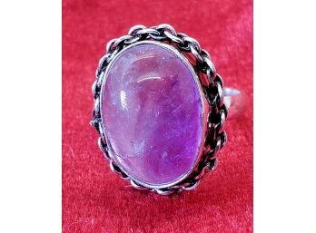 Lovely Size 7 1/2 Sterling Silver Plate With A Large Natural Amethyst ~ 5/8' X 12'