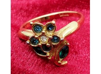 Size 6 Gold Plated Vintage Avon Flower Ring With Green Rhinestones