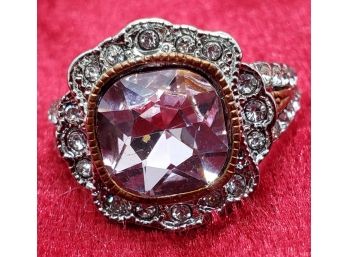 Size 8 1/2 Sterling Silver Plate Ring With An Impressive Pink Rhinestone