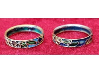2 Size 8 Rings ~ Gold Tone With Enameled Designs