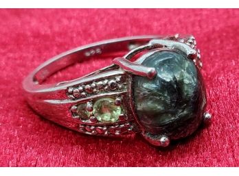 Vintage Size 6 Sterling Silver Natural Quartz Ring Accented With Rhinestones
