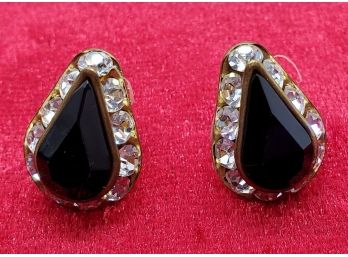Lovely Pair Of Black And Rhinestone Costume Earrings