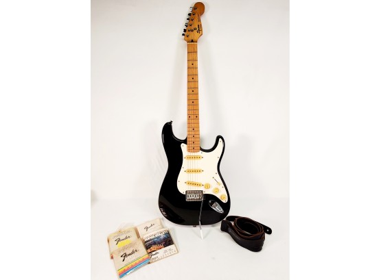 1994 Fender Squire Stratocaster Black & White Electric Guitar With Tremolo Bar-Made In Korea