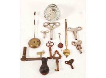 Vintage & Antique Clock Keys, Pendulums, Glass Door Knob, Skeleton Keys