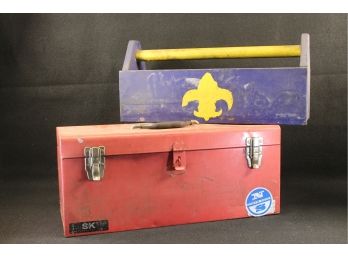 Vintage Group Of Two Tool Boxes - One Homemade And One SK Metal Box With Tray