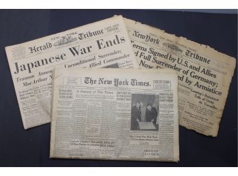 Antique Lot Of Three New York Times, Tribune & Herald Newspapers- Nov. 5, 1918, Aug. 15, 1945 & Sept. 18, 1951