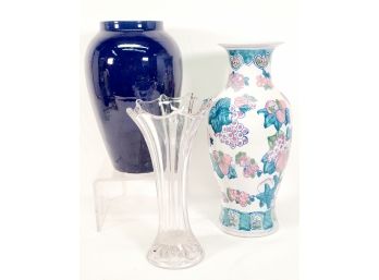 Trio Of Tall Pottery, Glass & Porcelain Flower Vases