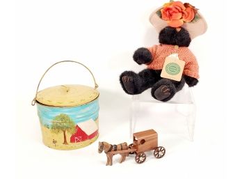 Toys - Boyd's Bear, Vintage Hand Painted Artist Signed Bucket & Wood Horse & Buggy