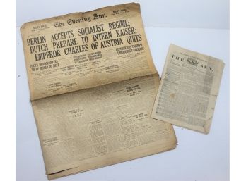 Antique The Sun Newspapers With The Sun's First Edition September 3, 1838 & The Evening Sun November 12, 1918