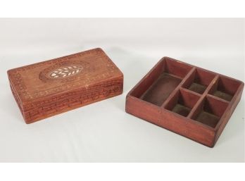 Vintage Teak Wood Inlaid Trinket Box - India & Handmade Wood Five Compartment Open Box
