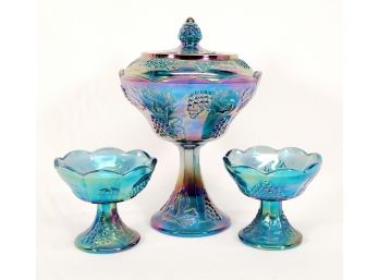 Vintage Indiana Glass Blue Iridescent Carnival Glass Harvest Grapes & Leaves Pair Of Candle Holders & Compote