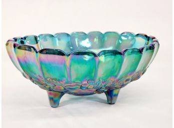 Beautiful Vintage Indiana Glass Garland Iridescent Blue-Carnival Four Footed Oval Centerpiece Bowl