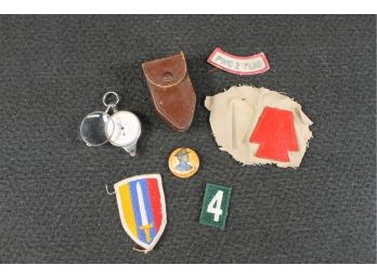 Nice Lot Of Vintage Military Related Items With Wanderer Compass, Patches, Original McArthur Pin, Etc