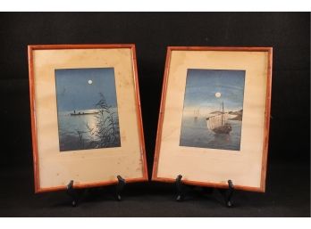 Antique  Wood Block Prints Fishboat On Moonlit Sea By Koho And Sailboats By Moonlight From Yoshimune Arai