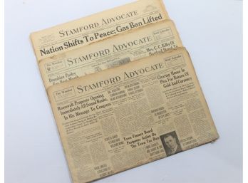Vintage Lot Of Three Stamford Advocate Newspapers - March 9, 1933, April 13, 1935 & August 15, 1945