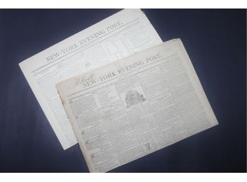 Pair Of Antique The New York Evening Post Newspapers - First Edition November 16, 1801 & August 7, 1812