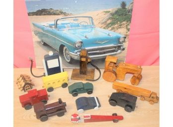 Vintage Collection Of Wooden Toy Cars, Trains And Car Related