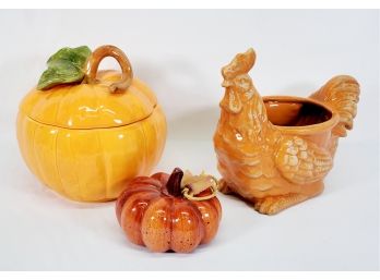 Cute Trio Of Orange Glazed Pottery - Rooster & Two Pumpkins