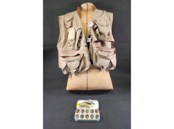 Vintage Fly Fishing Lot - Ideal Fly Fishing Vest & Vintage Assortment Of Handtied Lures In Okuma Box