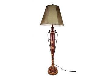 Very Tall Floral Painted Wood & Wrought Scrolled Metal Lamp With Fabric Shade