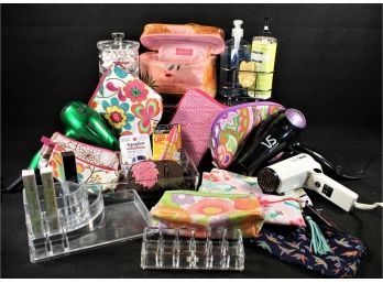 Hair Dryer & Make Up Lot- Including Lancme & Clinique- New Make Up Bags & Brushes- Trays- Glass Holder & More