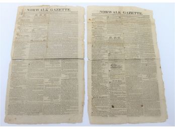 Pair Of Antique Norwalk Gazette Newspapers - June 21, 1820 & August 2, 1820