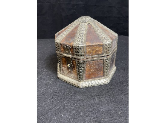 Vintage Decorative Metal Wood Nonagon Shape Chest Box