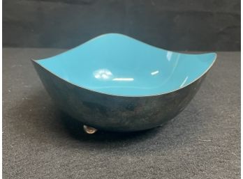 Mid Century Heirloom Footed Bowl - Blue Enamel And Silver Plate