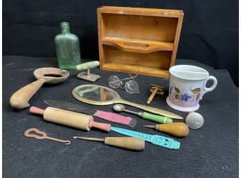 Antique Wooden Box And Bathroom Grooming Tools Lot
