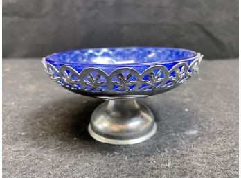 Small Antique Metal And Cobalt Glass Candy Dish