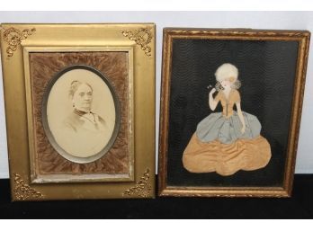 Unusual Victorian Fabric Inlaid Frame And Ribbon Girl Picture Lot