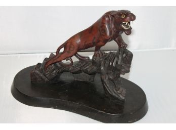 Fantastic Carved And Painted Wood Tiger Statue With Inset Eyes And Teeth