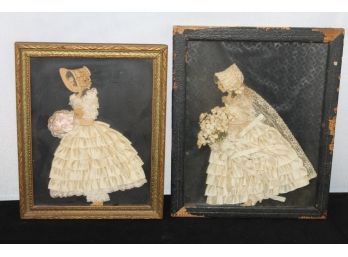 Pair Of Old Ribbon Girl Framed Art Pictures With UNUSUAL Bride