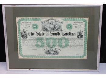 United States $500 South Carolina Certificate Note FRAMED - GREAT DISPLAY