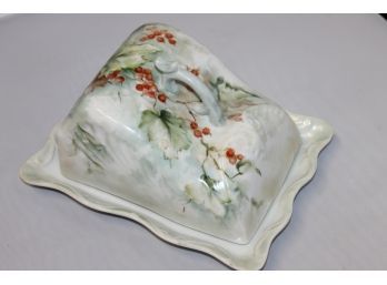 Hand Painted Holly Porcelain Covered Cheese Dish